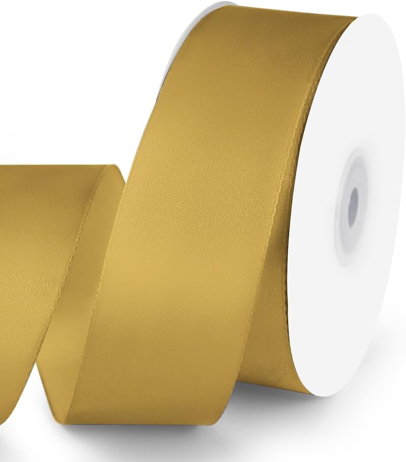 KMER LIFE 1-1/2" Wide x 50 Yards Golden Single Faced Polyester Satin Ribbon, Golden Satin Ribbon Perfect for Wedding Decor, Wreath, Crafts, Gift Wrapping & Other Projects (Golden)