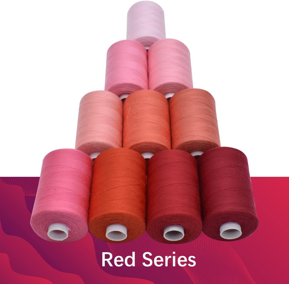 Sewing Thread 10 Color Sewing Industrial Purpose 1000 Yards Per Spool 40S/2 Polyester for DIY Sewing Machine,Embroidery Machine,Hand Sewing (Red)