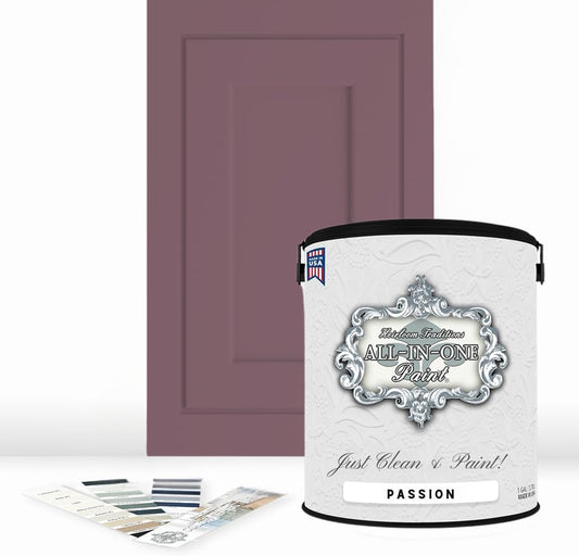 ALL-IN-ONE Paint, Durable cabinet and furniture paint. Built in primer and top coat, no sanding needed. Includes our 30 featured color card - Passion (plum rose), Gallon