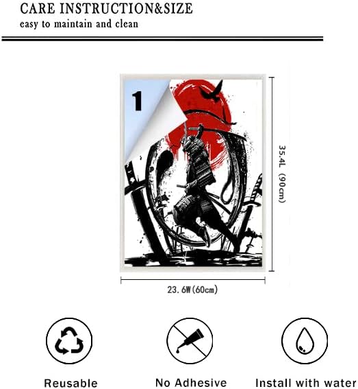 Japanese Samurai Decorative Window Film Watercolor Ink Samurai Sword Red Sun Printdining Room Window Film,Dorm Room Glass Film 23.6Wx35.4L-Inch X1Pcs