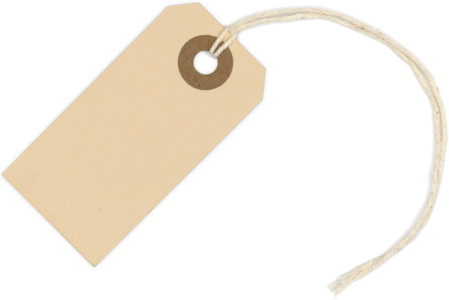 100 Small Manila Paper Tags with String - #1, 2 3/4” x 1 3/8” - Hang Shipping Labels with String Attached and Reinforced Hole, Pre-Strung Tags