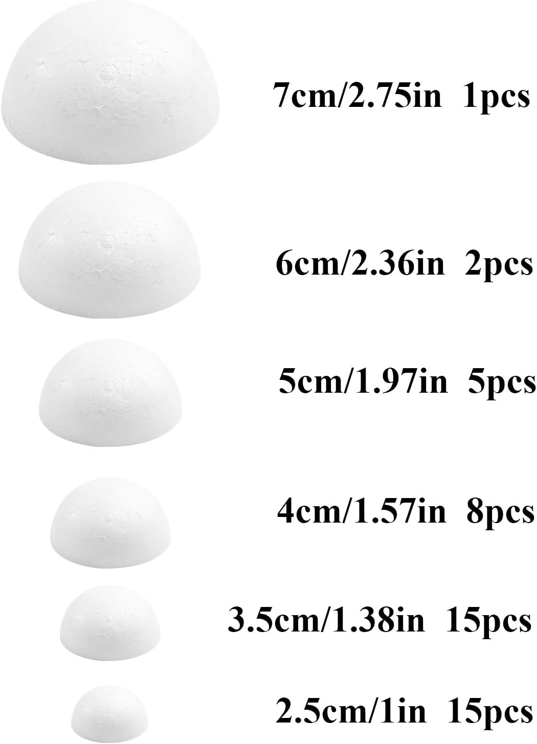 Craft Half Foam Balls 45 Pack 6 Sizes(1-2.75 Inches) White Polystyrene Half Round Balls Smooth Foam Balls Half Round for Arts and Crafts, DIY Craft for Home and Supplies School Craft Project