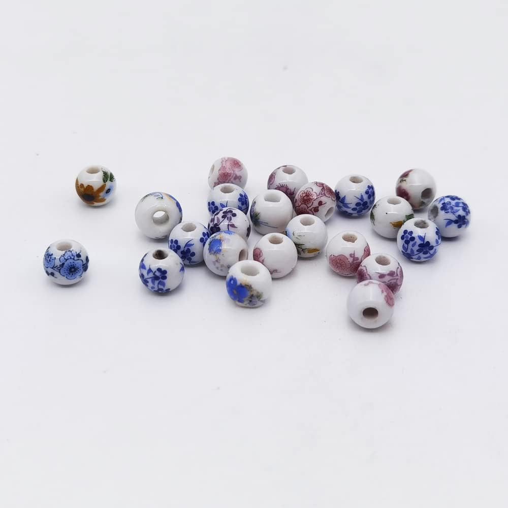 INSPIRELLE 180 Pieces Porcelain Beads Chinese Round Ceramic Beads 8mm for Handmade Jewelry Making Bracelets Necklace Making, Flower