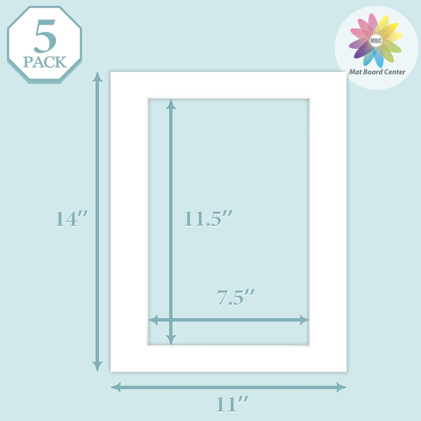 MBC Mat Board Center, 5 Pack 11X14 for 8X12 White Picture Mats Frame Mattes, Bevel Cut, Acid Free, 4-Ply Thickness
