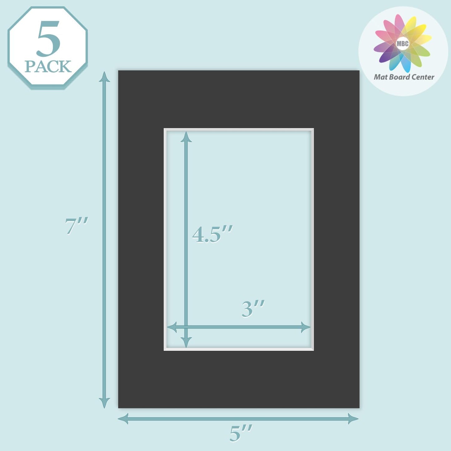 MBC MAT BOARD CENTER, 5 Pack 5x7 for 3.5x5 Black Picture Mats Frame Mattes, Bevel Cut, Acid Free, 4-ply Thickness