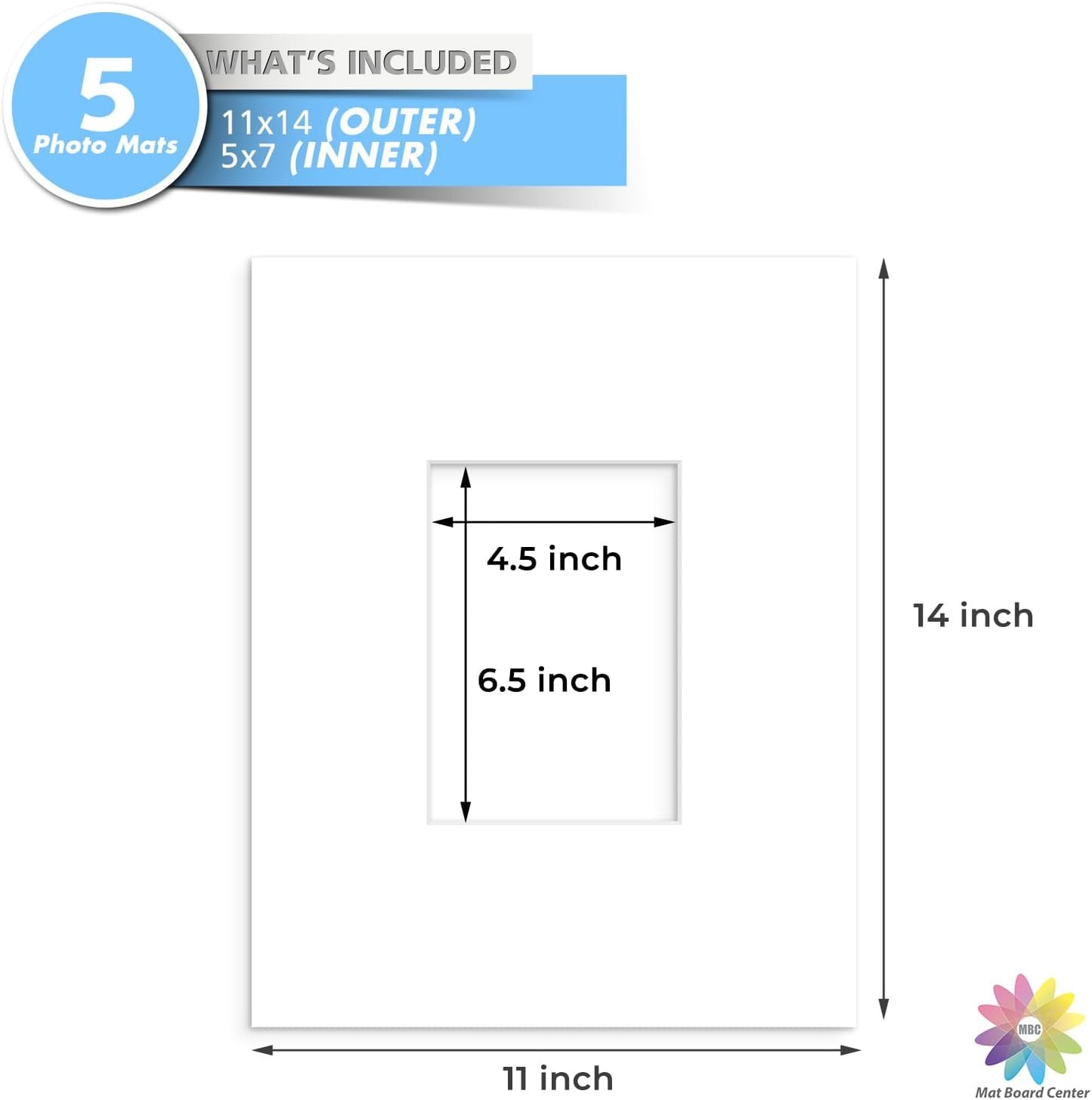 MBC Mat Board Center, 5 Pack 11x14 for 5x7 White Picture Mats Frame Mattes, Bevel Cut, Acid Free, 4-ply Thickness