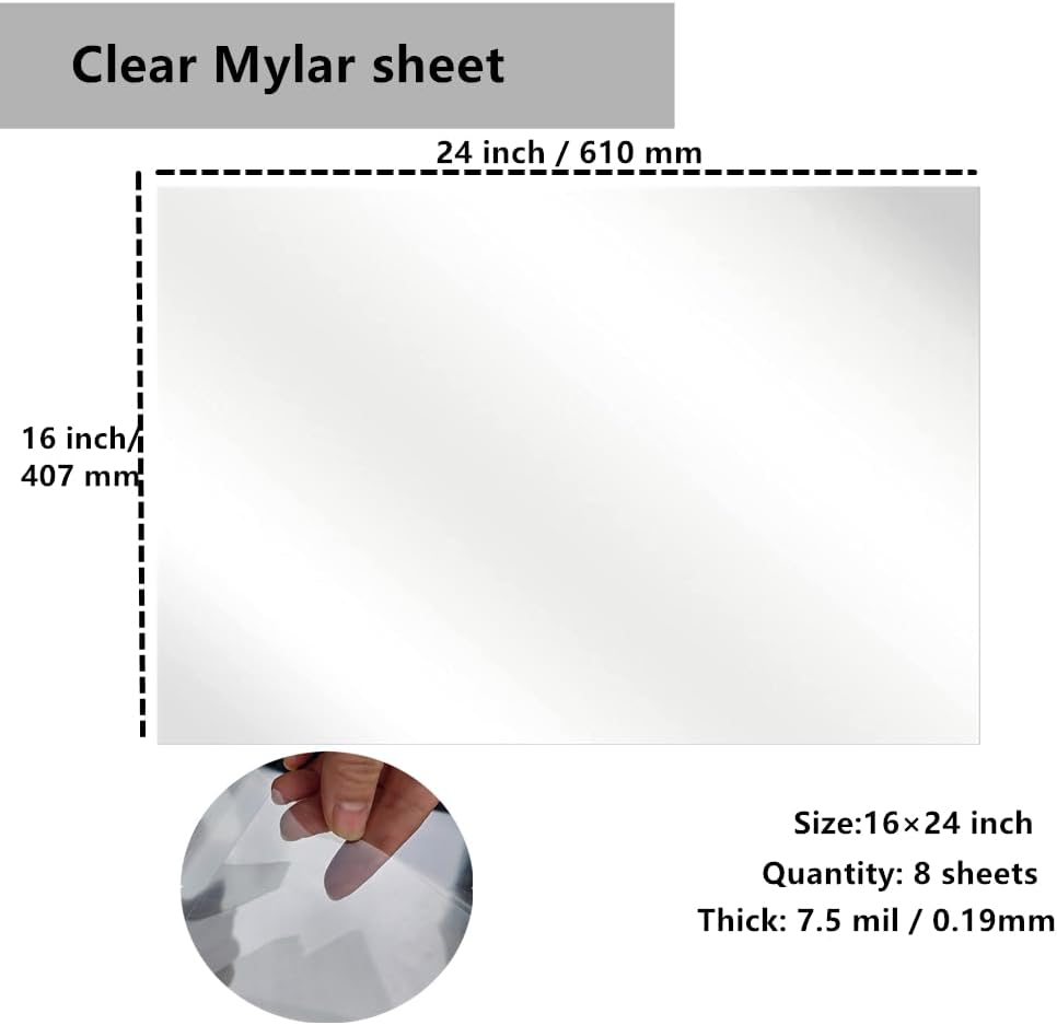 Transparent Blank Mylar Stencil Sheets for Cutting, 16" x 24" 7.5 mil/0.19mm Thick 8 Sheets.Gift, Acetate Template Material, Craft Plastic Sheets (16×24” /7.5 mil)