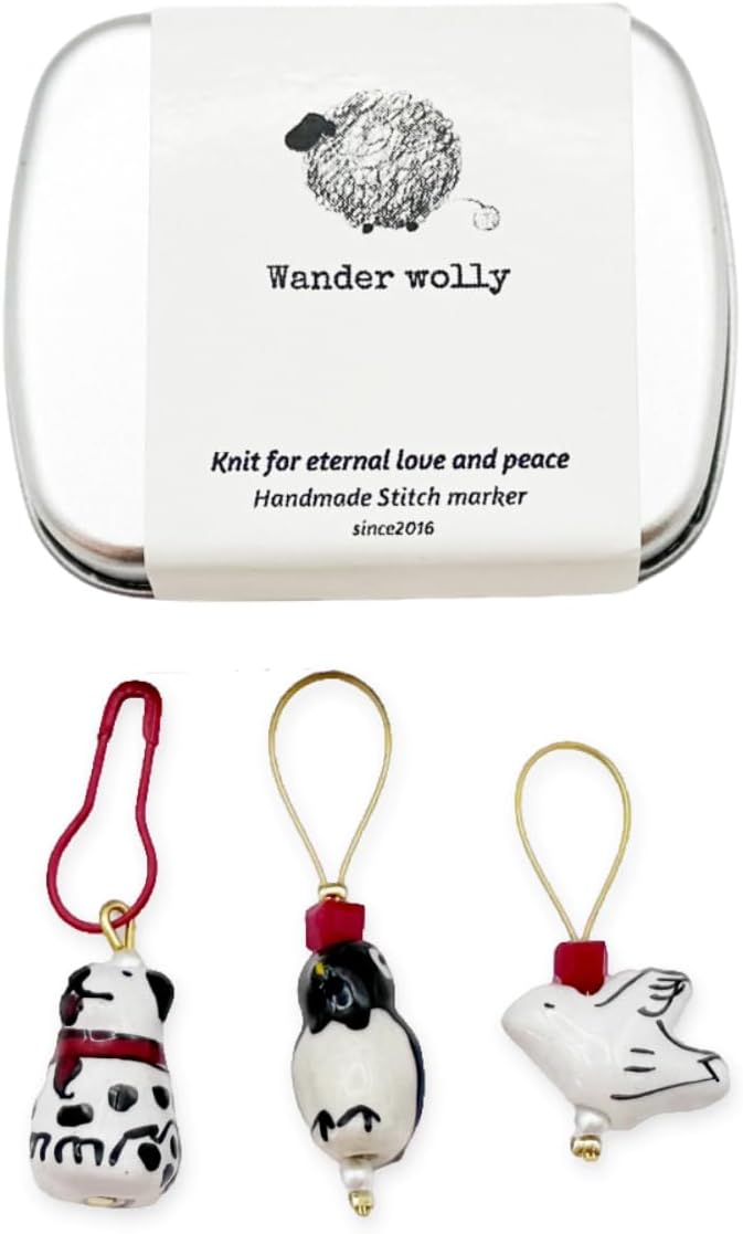 Wander wolly Handmade Animal Stitch Markers for Knitting, Three Pieces in Storage Case, One Dove, One Penguin, and One Dalmatian