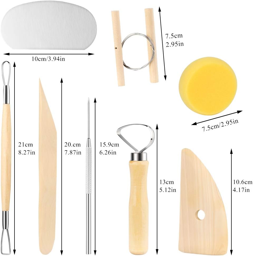 8 Pieces Wooden Pottery Sculpting Clay Cleaning Tool Set, Includes Clay Cutting, Modeling, Trimming Tools, for Beginner Level Pottery and Smoothing, Cleaning, Carving, Shaping and Sculpting