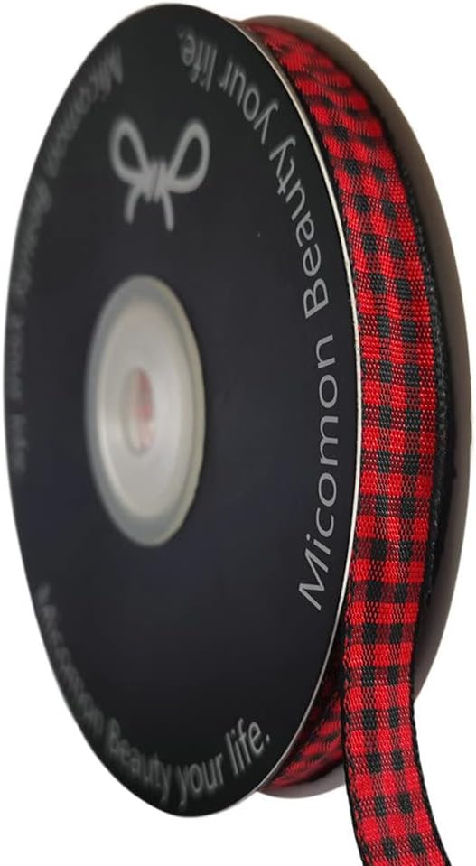 Red and Black Gingham Plaid Checked Ribbon 25 Yards Each Roll 100% Polyester (3/8",BlackRed)