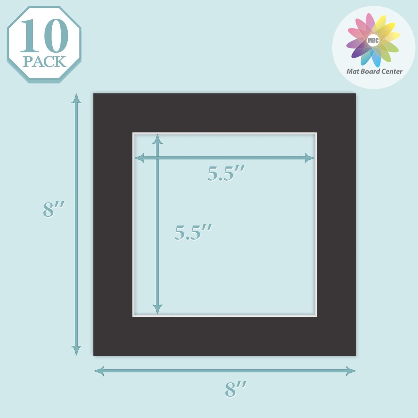 MBC Mat Board Center, 10 Pack 8x8 for 6x6 Black Picture Mats Frame Mattes, Bevel Cut, Acid Free, 4-ply Thickness