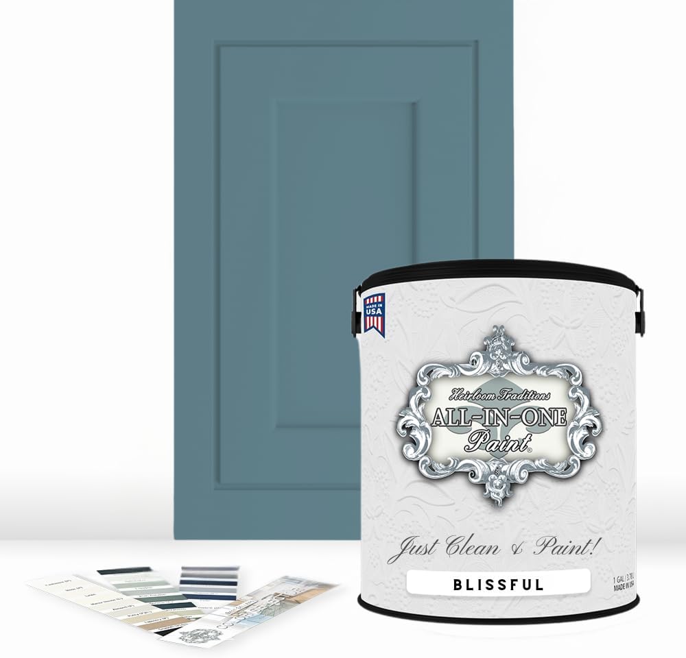 ALL-IN-ONE Paint, Durable cabinet and furniture paint. Built in primer and top coat, no sanding needed. Includes our 30 featured color card - Blissful (french blue), Gallon