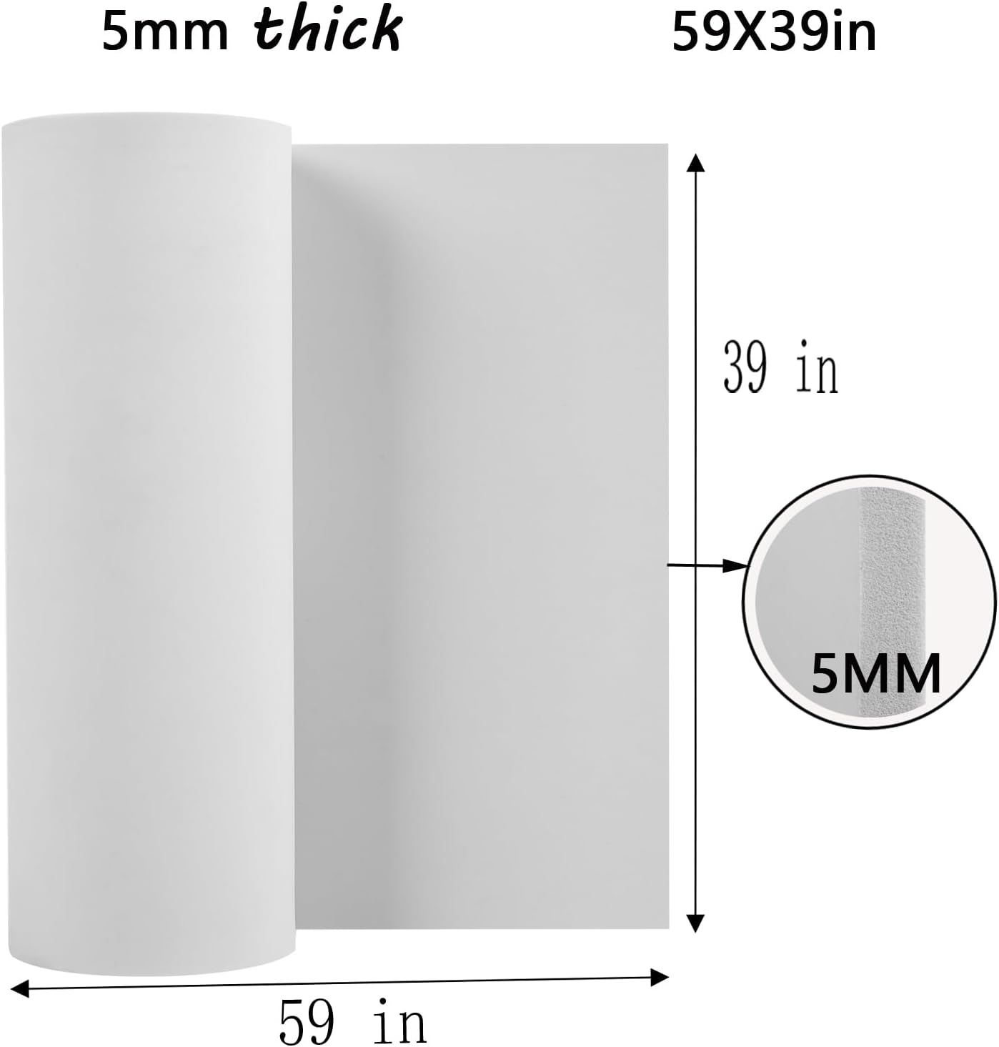 AMZQNART EVA Foam, Cosplay Foam Roll, Size 5mm Thick 39 x 59in (16sqft) Suitable for Large Foam Cosplay Modeling, DIY Projects, Crafts, Ultra High Density 90 kg/m3. White