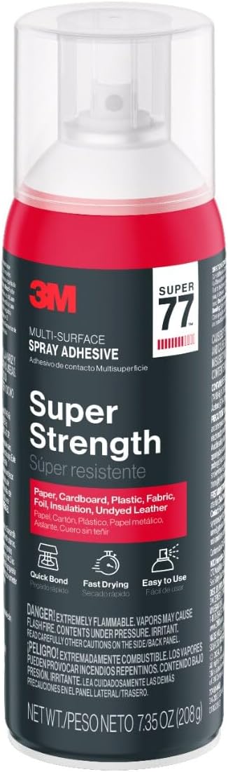 3M Super 77 Multi-Surface Spray Adhesive, 7.35 oz., Low VOC, Quick Bond, Fast Drying, Clear Finish for Foil, Foam, Paper, Metal, Plastic, Fabric, and Cardboard (77-10-NAT)