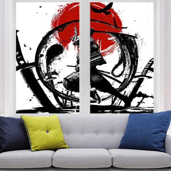 Japanese Samurai Decorative Window Film Watercolor Ink Samurai Sword Red Sun Printdining Room Window Film,Dorm Room Glass Film 23.6Wx78.7L-Inch X2Pcs