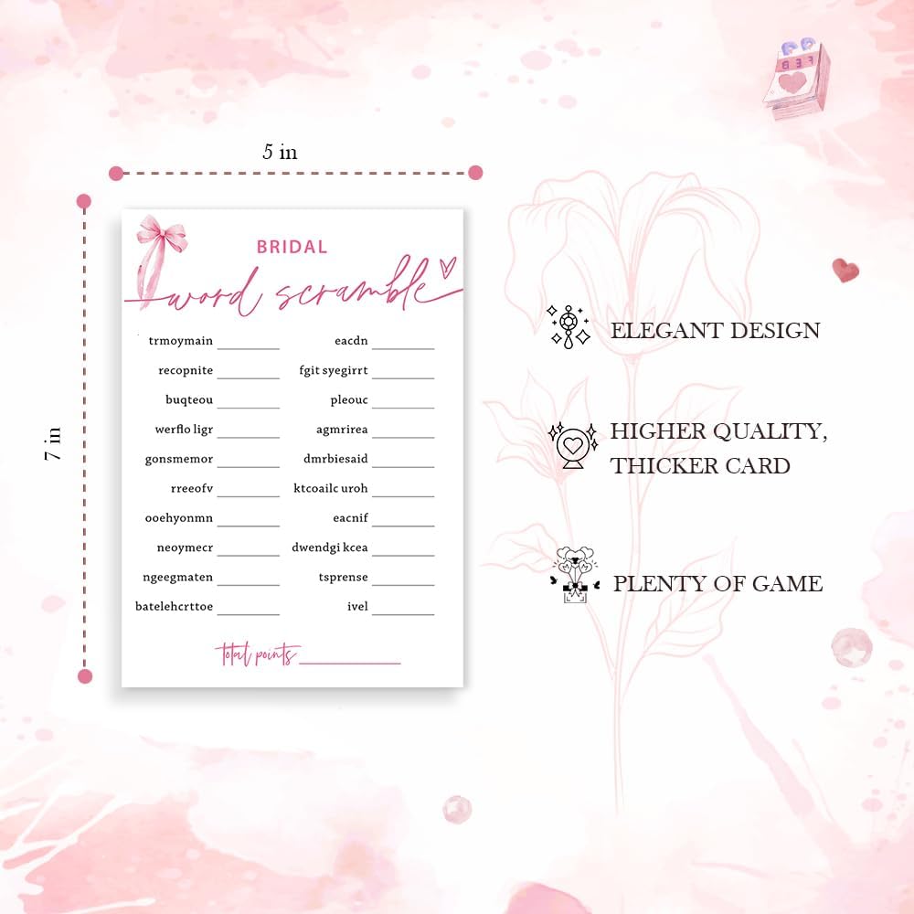 Bridal Shower Games Cards, Bridal Word Scramble, 25 Cards with 1 Answer Card, Engagement Party Games for Guests, Pink Ribbon Bow Wedding Party Supplies - E14