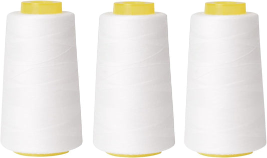 Sewing Thread Cone Set, 3 Pack Serger Thread, 3000 Yards Each, All Purpose Thread for Sewing, Quilting, Machines, Overlock, Merrow & Hand Embroidery (White*3)