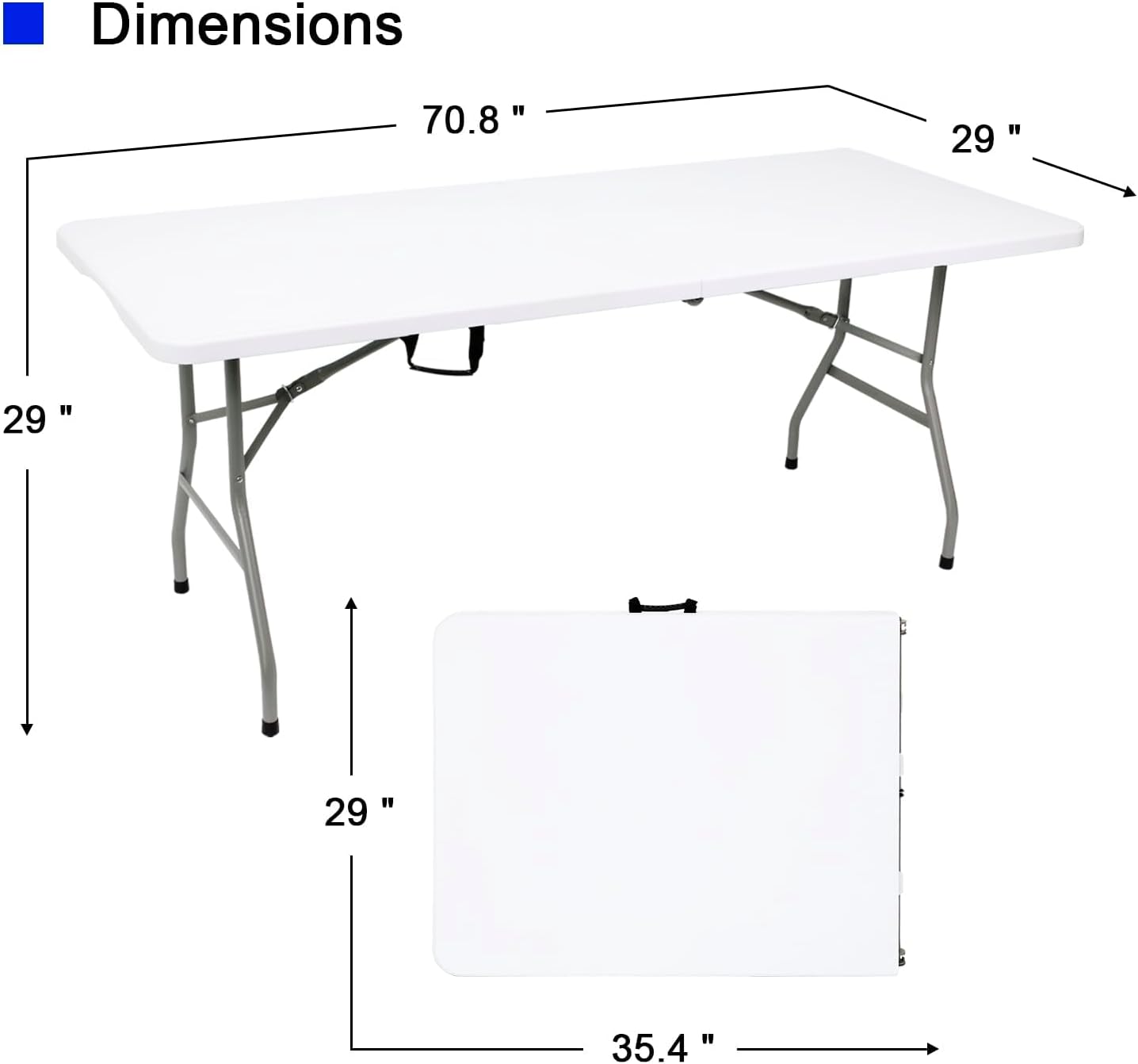 2 PCS 70.8" W X 29" D X 29" H - 6 ft White Folding Table White Portable Heavy Duty Plastic Fold-in-Half Utility Foldable Table for Camp，Picnic & Party