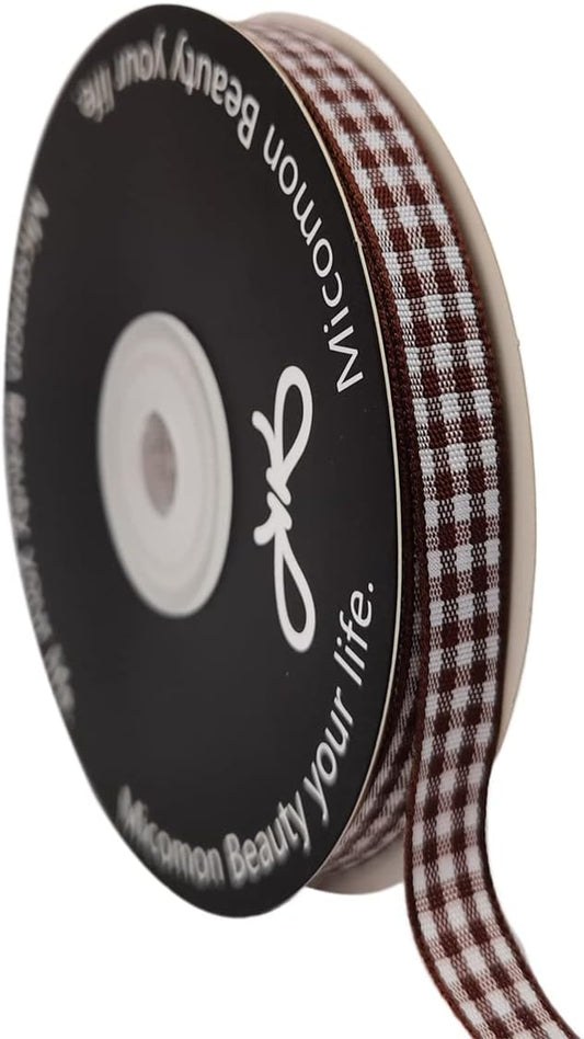 Brown Gingham Ribbon 25 Yards Christmas Ribbon for Crafts Plaid Checked Ribbon 100% Polyester (3/8", Brown)