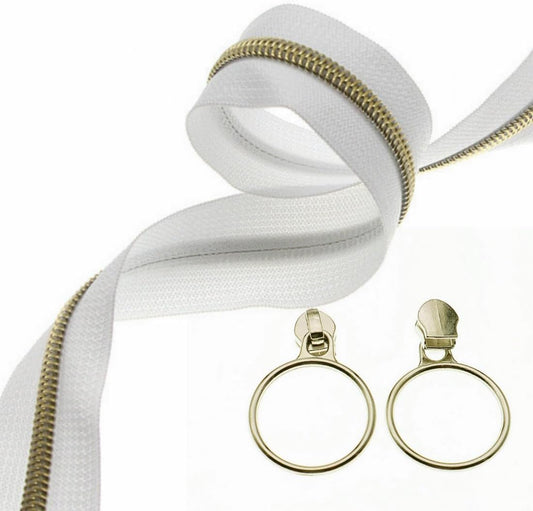Leekayer #5 Gold Metallic Nylon Coil Zippers by The Yard Bulk 10 Yards White Zipper Tape with 25pcs Gold Ring Pull Sliders for DIY Sewing Tailor Craft Bag(White)