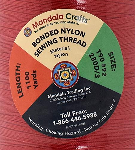 Mandala Crafts Bonded Nylon Thread Red Heavy Duty Sewing Threads - 1100 YDs Size 92 280D T90 Tex 90 Thread for Leather Jeans Weaving Outdoor Marine Upholstery Threads