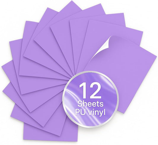 Light Purple PU Heat Transfer Vinyl, 12 Pcs 12"x10" HTV Sheets – Soft & Stretchable Iron-On Vinyl, Easy to Cut & Weed, Compatible with Cricut & Silhouette – Great for DIY Family Shirts & Crafts