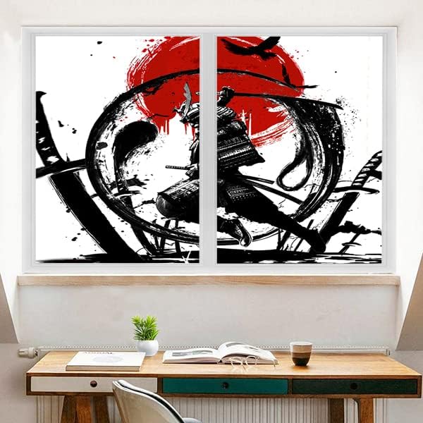 Japanese Samurai Decorative Window Film Watercolor Ink Samurai Sword Red Sun Printdining Room Window Film,Dorm Room Glass Film 35.4Wx78.7L-Inch X2Pcs