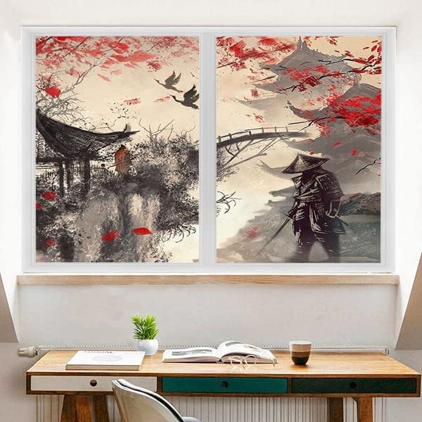 Vintage Japanese Samurai Air Window Film Watercolor Ink Ancient Cherry Blossom Red Sunblackout Window Film,Playroom Window Film 23.6Wx78.7L-Inch X2Pcs