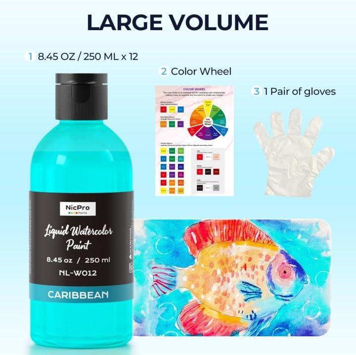 Nicpro 12 Colors Liquid Watercolor Paint Set, 8.45oz Large Bulk Liquid Watercolor Paint, Non-Toxic Water Colors Painting Supplies for Art Activity, Craft DIY, Poster, School, Home, Classroom, Party