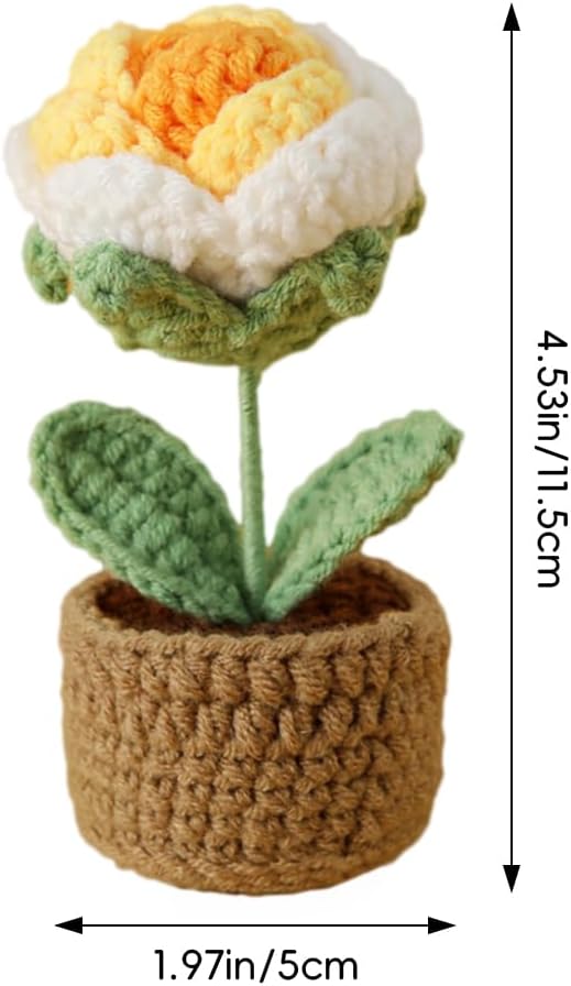 Rose Pin Cushion, Handmade Knitted Pincushions, Cute Pin Cushions Needle Holders for Sewing Quilting Accessory, DIY Crafts or Patchwork Decor.Potted White Yellow Rose