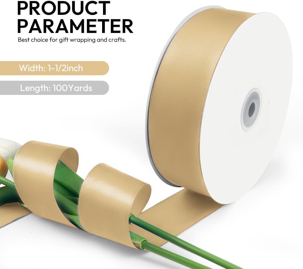 1-1/2 Inch 100 Yards Satin Ribbon Light Gold, Solid Color Fabric Ribbon for Gift Wrapping, Wedding, Polyester Gift Ribbon for Birthday Party Decoration, Craft, Hair, Floral, Sewing