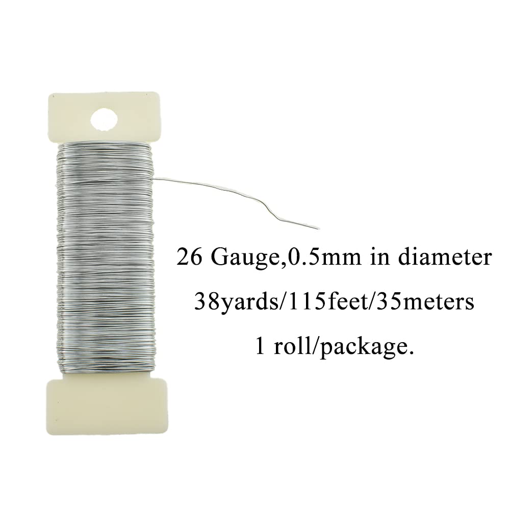 HAHIYO 26Gauge Silver Wire - 1 Roll, 38 Yards (115 Feet) Flexible Floral Wire for Crafts, Christmas Wreaths, Tree & Flower Arrangement, Wedding DIY