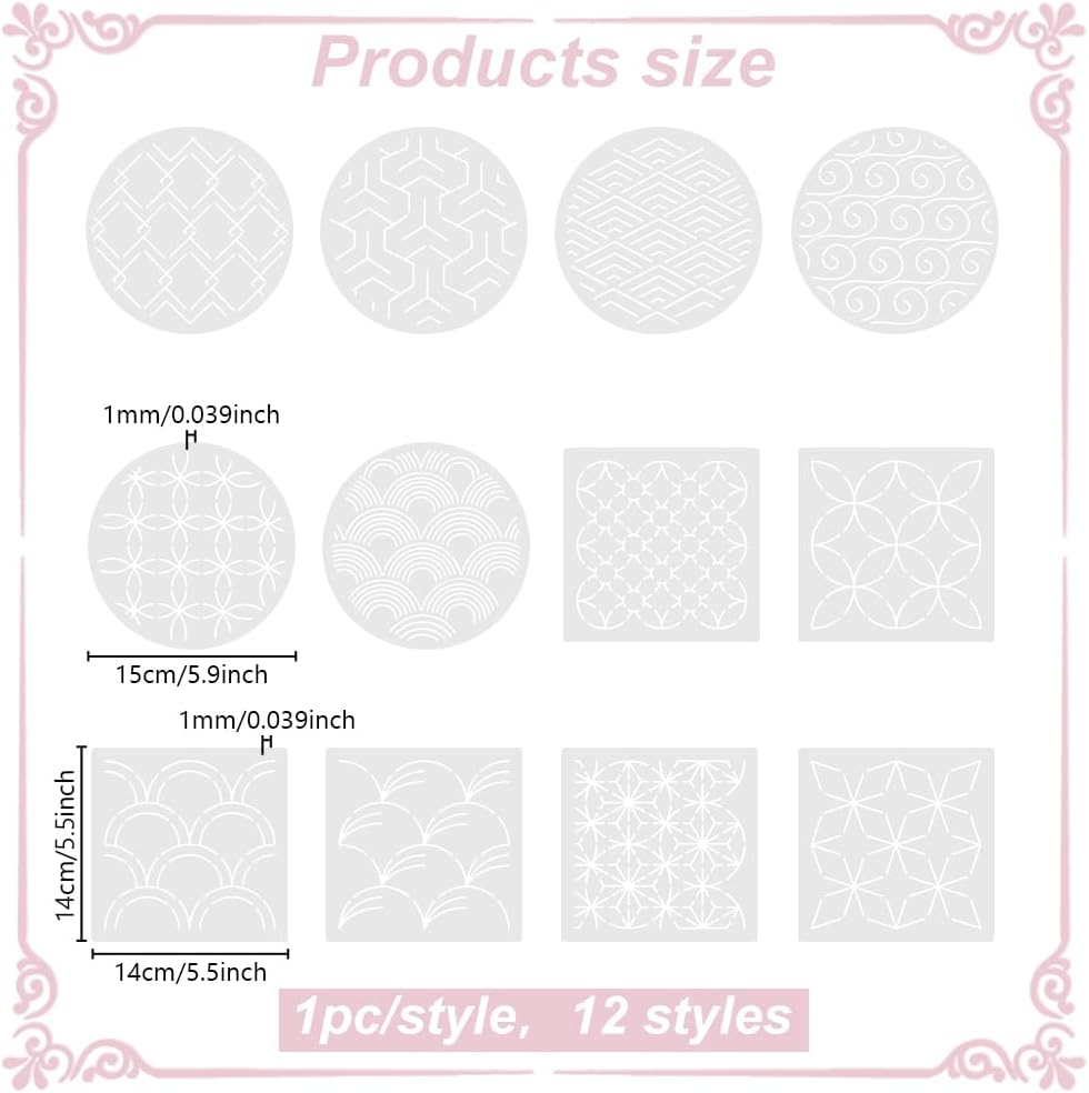 FREEBLOSS Sashiko Stencils - Geometric Embroidery Patterns for Drawing and Hand Quilting - 14x14cm