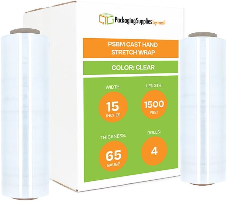 PSBM Stretch Wrap, 4 Pack, 15 Inch x 1500 Feet, 65 Gauge, Clear Plastic Cling, Cast Hand Stretch Film Rolls for Packaging Moving Packing Pallets