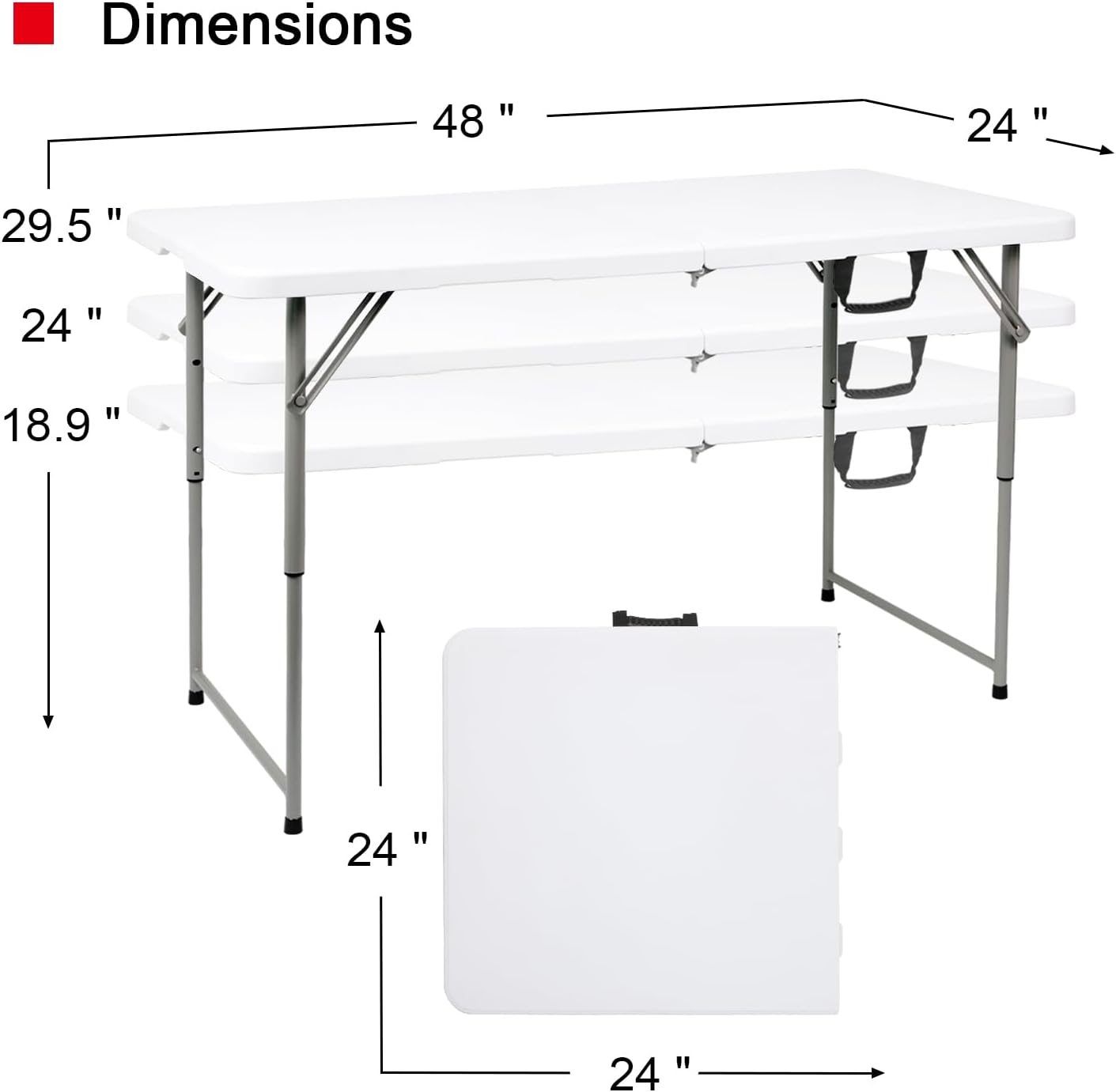 48" W x 24" D x 29.5" H - 4FT Adjustable Height Heavy Duty Plastic Fold-in-Half Foldable Table，White Portable Folding Table with Carrying Handle for Camping & Party