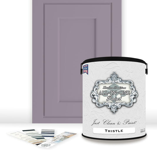 ALL-IN-ONE Paint, Durable cabinet and furniture paint. Built in primer and top coat, no sanding needed. Includes our 30 featured color card - Thistle (gray purple), Gallon