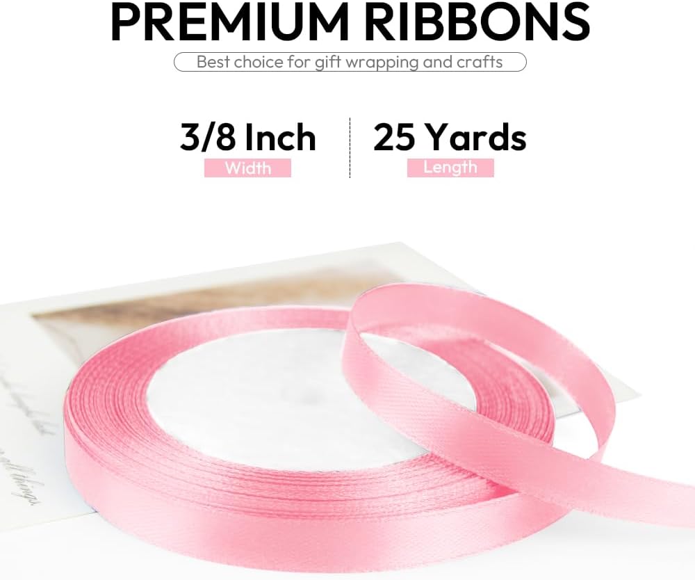 3/8 Inch 25 Yards Satin Ribbon Light Pink, Solid Color Fabric Ribbon for Gift Wrapping, Wedding, Polyester Gift Ribbon for Birthday Party Decoration, Craft, Hair, Floral, Sewing