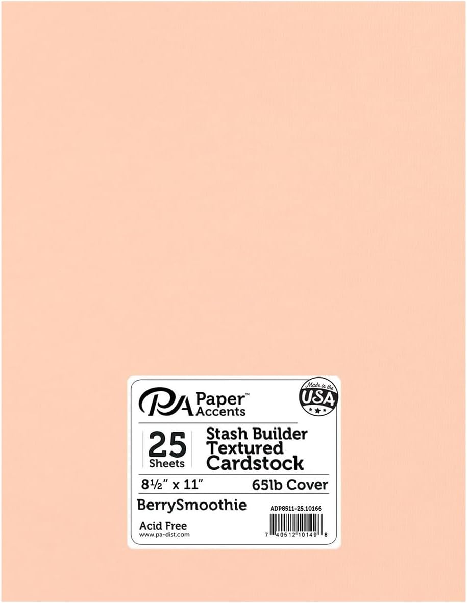 PA Paper Accents Stash Builder Textured Cardstock 8.5" x 11" Textured Berry Smoothie, 65lb colored cardstock paper for card making, scrapbooking, printing, quilling and crafts, 25 piece pack