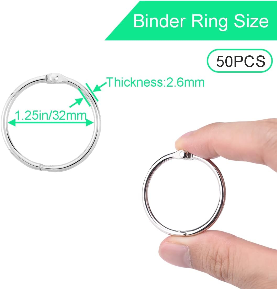 CooBigo 50 Pack Binder - 1-1/4-Inch Metal Ring Holder for Loose Leaf Paper, Index Card, Flash Card Organizer, Keychain - Silver