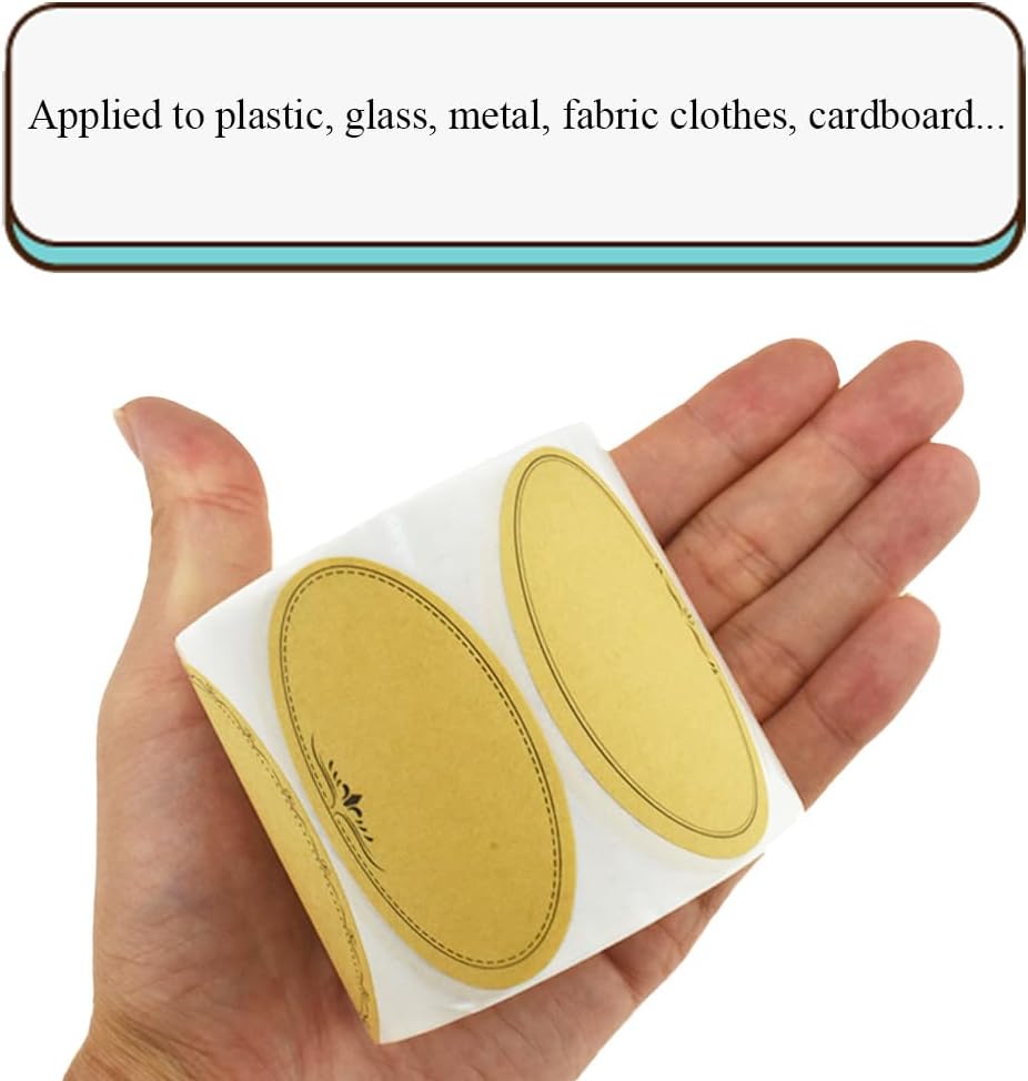 HAHIYO 1.4 * 2.5In 500P Oval Brown Kraft Stickers with Artistic Border - 4 Unique Styles Blank Kraft Labels Roll to Write On Durable Dot Stickers for Jar Canning Labels Price Tags Store Organizing