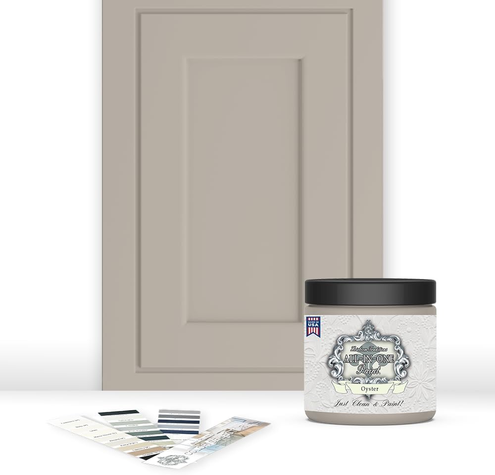ALL-IN-ONE Paint, Durable cabinet and furniture paint. Built in primer and top coat, no sanding needed. Includes our 30 featured color card - Oyster (taupe), 8oz Sample