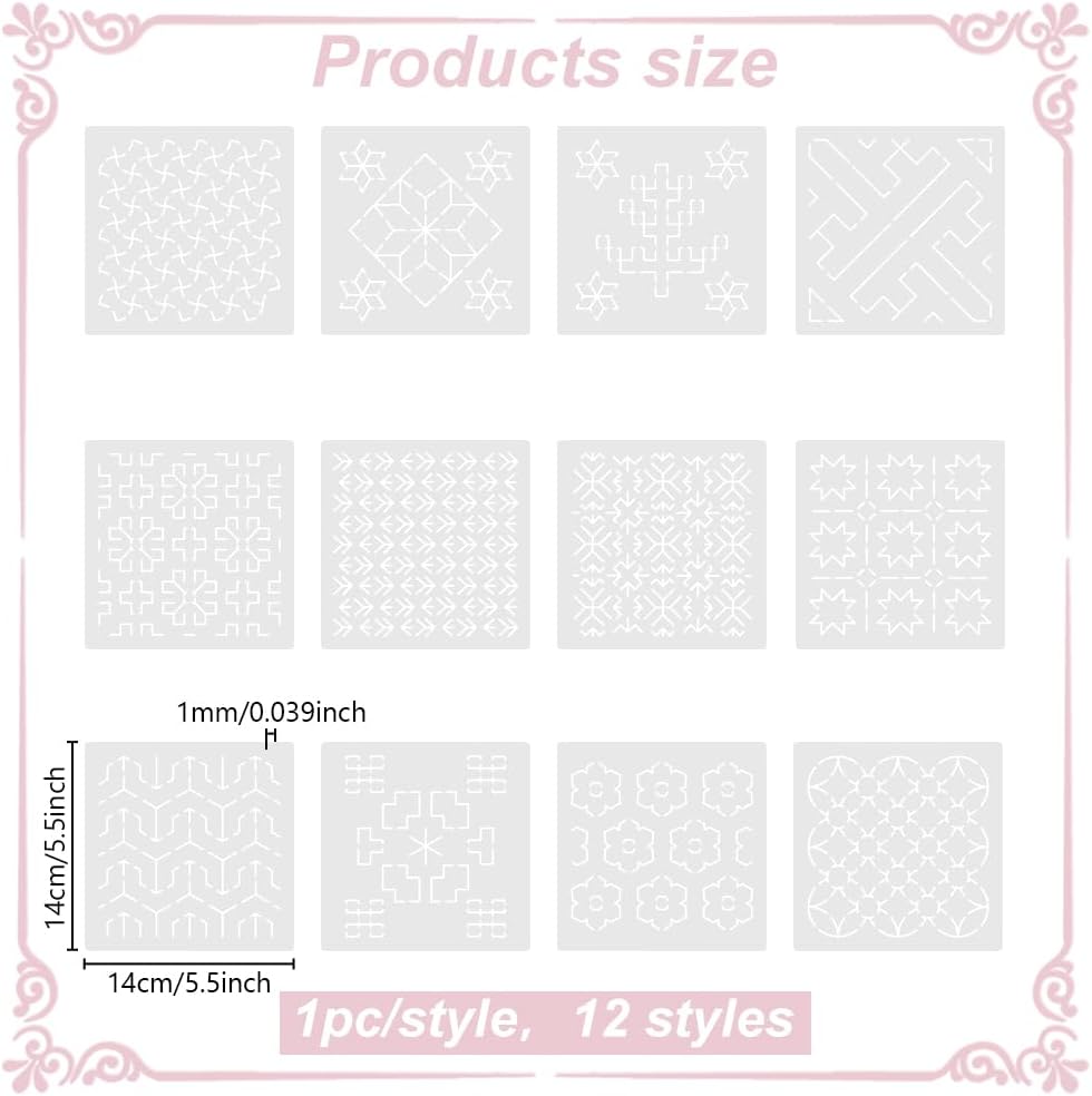 FREEBLOSS Sashiko PET Stencils - Geometric Hand Embroidery Patterns for Drawing and Quilting - 14x14cm Template