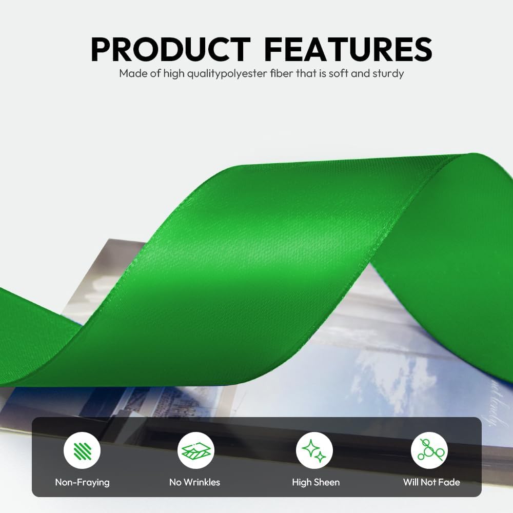 1-1/2 Inch 25 Yards Satin Ribbon Green, Solid Color Fabric Ribbon for Gift Wrapping, Wedding, Polyester Gift Ribbon for Birthday Party Decoration, Craft, Hair, Floral, Sewing