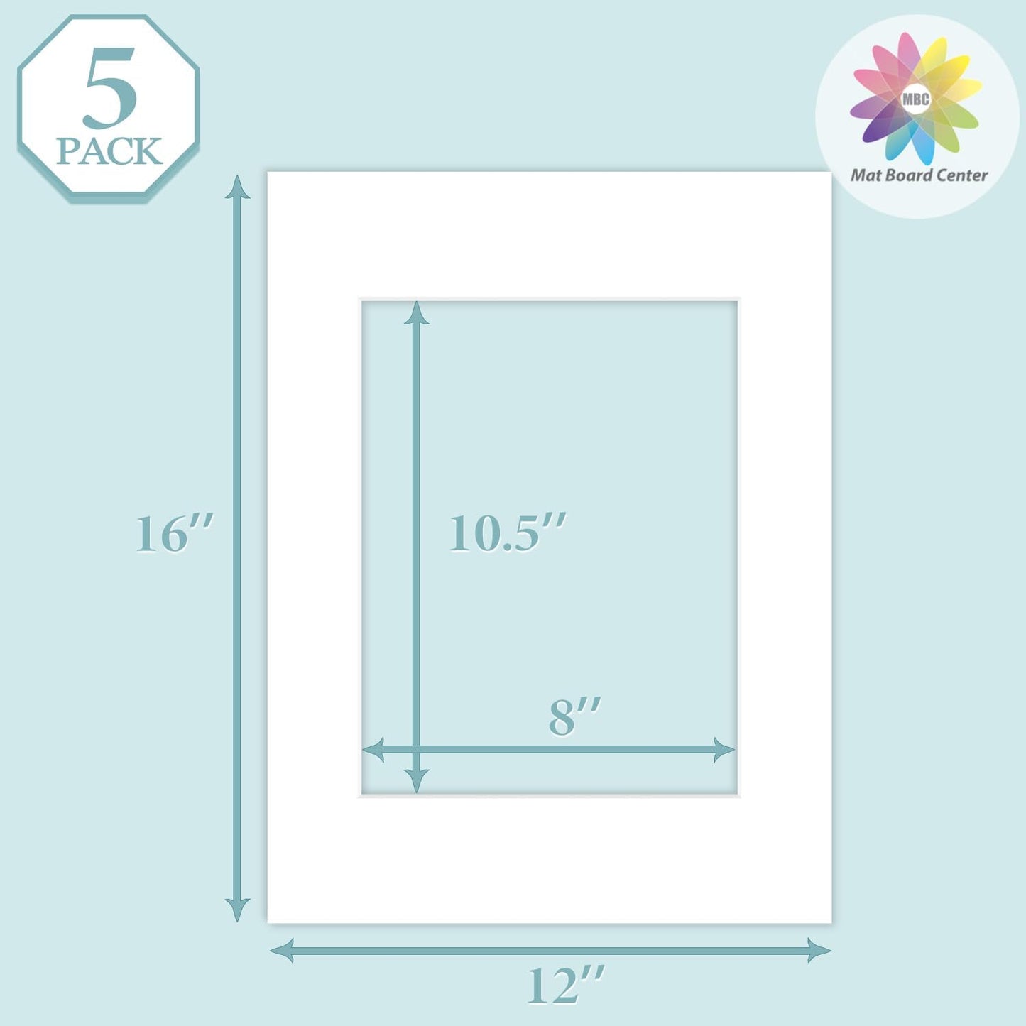 MBC Mat Board Center, 5 Pack 12x16 for 8.5x11 White Picture Mats Frame Mattes, Bevel Cut, Acid Free, 4-ply Thickness