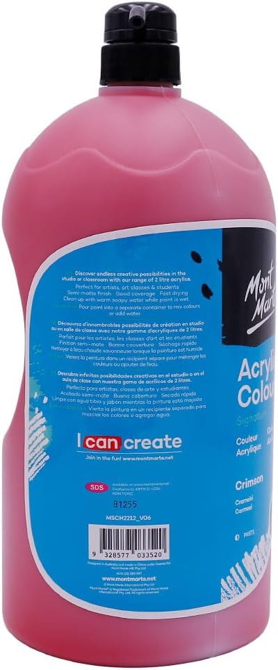 Mont Marte Discovery School Acrylic, Crimson, 1/2 Gallon (2 Liter). Ideal for Students and Artists. Excellent Coverage and Fast Drying. Pump Lid Included.