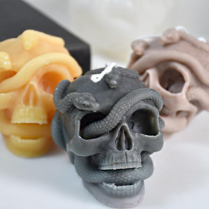 Halloween Snake Winding Skull Candle Silicone Mold, DIY 3.7 Inch Ghost Skull Candle Making Wax Moulds Gypsum Ornament Resin Soap Molds Casting Art Home Decor