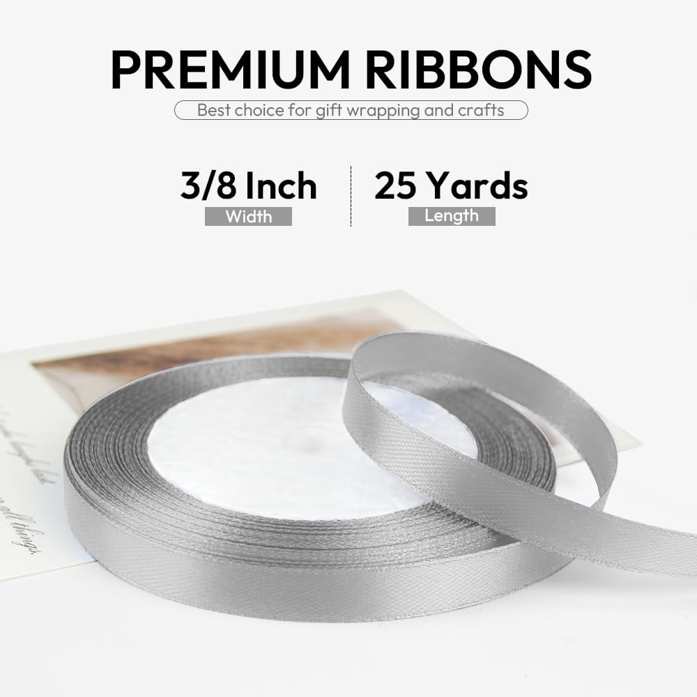 3/8 Inch 25 Yards Satin Ribbon Silver, Solid Color Fabric Ribbon for Gift Wrapping, Wedding, Polyester Gift Ribbon for Birthday Party Decoration, Craft, Hair, Floral, Sewing