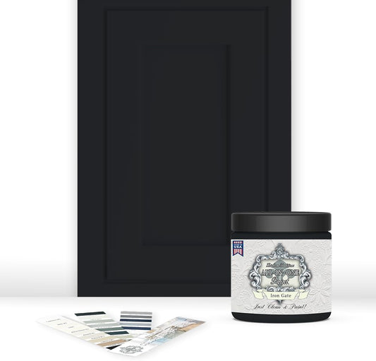 ALL-IN-ONE Paint, Durable cabinet and furniture paint. Built in primer and top coat, no sanding needed. Includes our 30 featured color card - Iron Gate (black), 8oz Sample