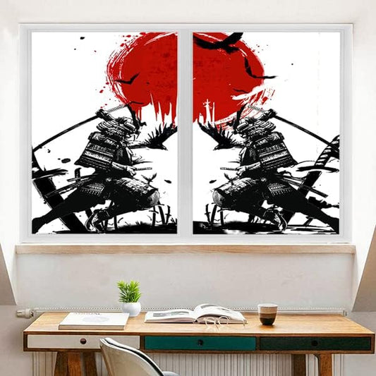 Japanese Samurai Stained Glass Film Watercolor Ink Samurai Sword Red Sun Printwindow Tinting Film for Home,Window Film Stained Glass 23.6Wx47.2L-Inch X2Pcs