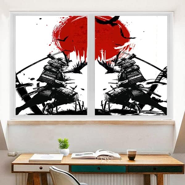 Japanese Samurai Stained Glass Film Watercolor Ink Samurai Sword Red Sun Printwindow Tinting Film for Home,Window Film Stained Glass 35.4Wx78.7L-Inch X2Pcs